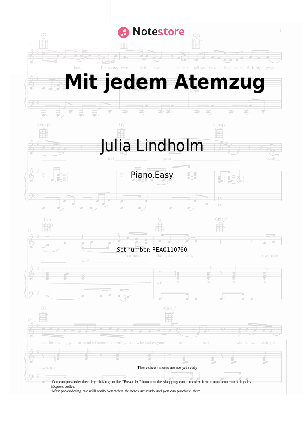 Mit jedem Atemzug - Julia Lindholm Piano Sheet Music Easy - Piano.Easy
