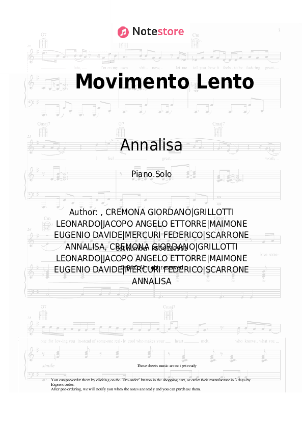 Movimento Lento - Annalisa, Federico Rossi Piano Sheet Music - Piano.Solo