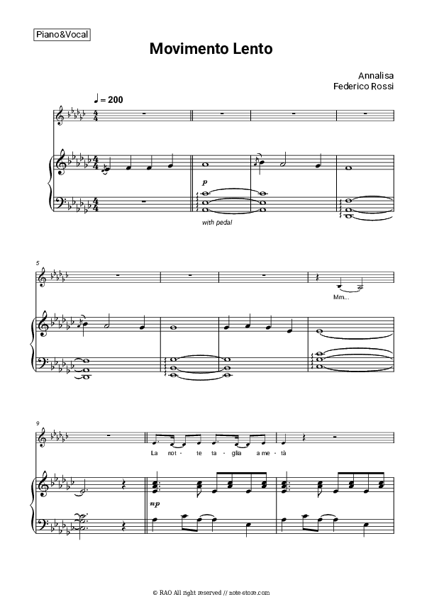 Movimento Lento - Annalisa, Federico Rossi Piano Sheet Music with the Voice part - Piano&Vocal
