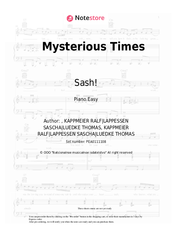 Mysterious Times - Sash!, Tina Cousins Piano Sheet Music Easy - Piano.Easy