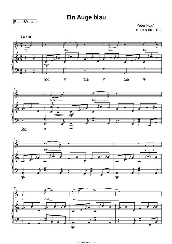 Ein Auge blau - Peter Fox Piano Sheet Music with the Voice part - Piano&Vocal