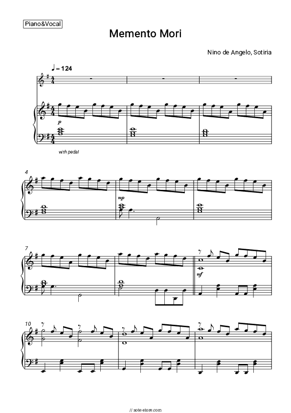 Memento Mori - Nino de Angelo, Sotiria Piano Sheet Music with the Voice part - Piano&Vocal