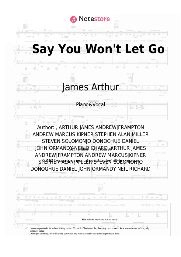 Say You Won't Let Go - James Arthur Piano Sheet Music with the Voice part - Piano&Vocal