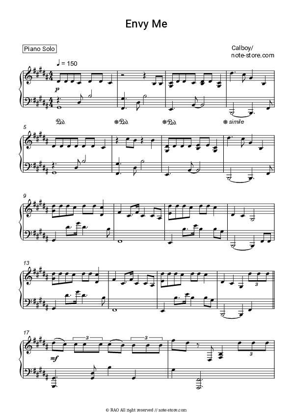 Envy Me - Calboy Piano Sheet Music - Piano.Solo
