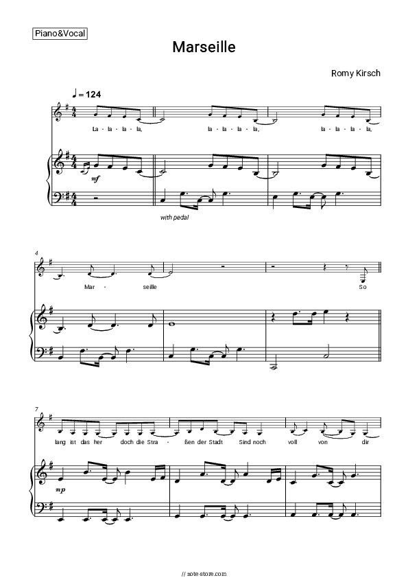 Marseille - Romy Kirsch Piano Sheet Music with the Voice part - Piano&Vocal