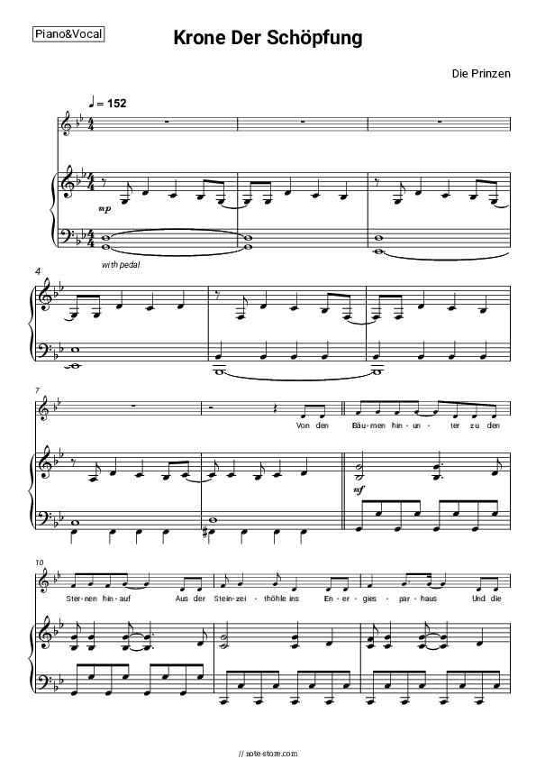 Krone Der Schöpfung - Die Prinzen Piano Sheet Music with the Voice part - Piano&Vocal