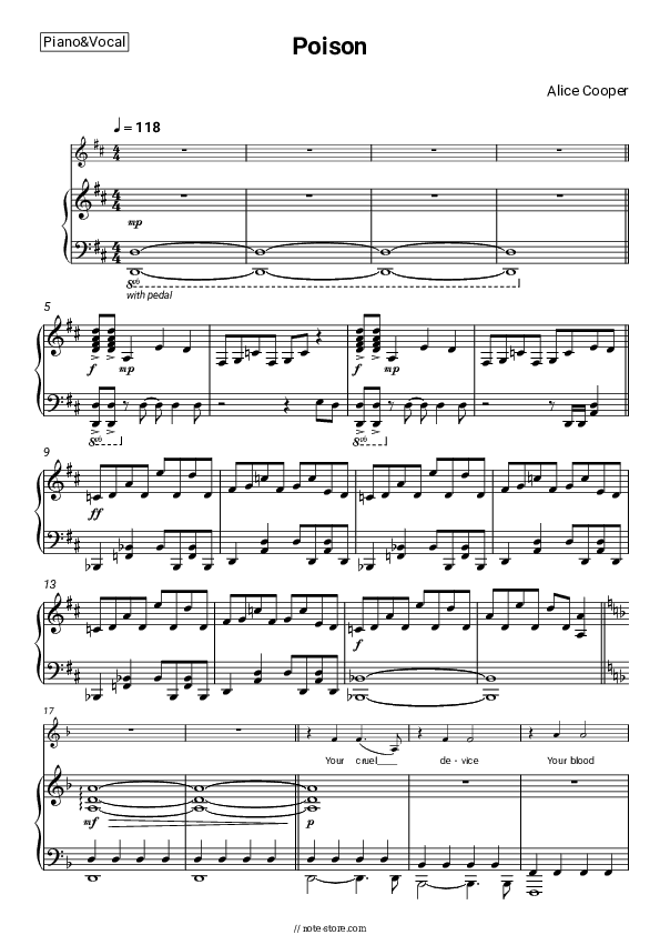 Poison - Alice Cooper Piano Sheet Music with the Voice part - Piano&Vocal