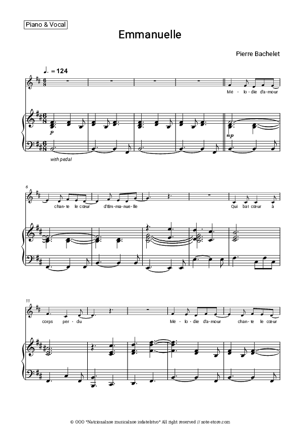 Emmanuelle - Pierre Bachelet Piano Sheet Music with the Voice part - Piano&Vocal