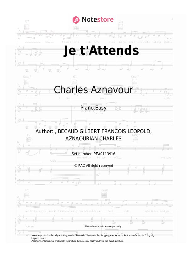 Je t'Attends - Charles Aznavour Piano Sheet Music Easy - Piano.Easy
