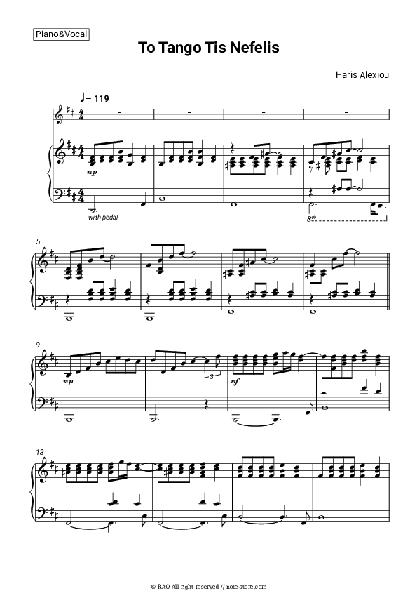 To Tango Tis Nefelis - Haris Alexiou Piano Sheet Music with the Voice part - Piano&Vocal