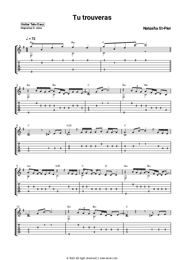 Tu trouveras - Natasha St-Pier Tabs Easy - Guitar.Tab.Easy