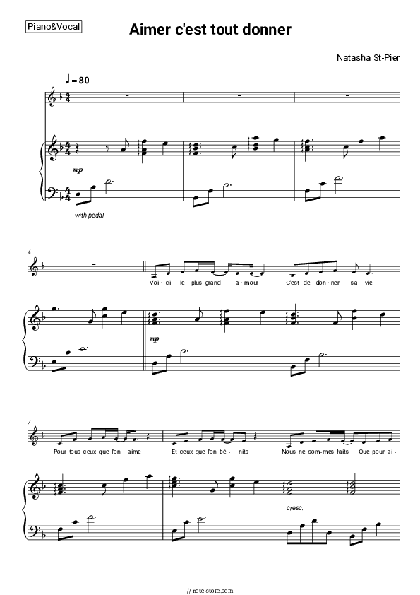 Aimer c'est tout donner - Natasha St-Pier Piano Sheet Music with the Voice part - Piano&Vocal