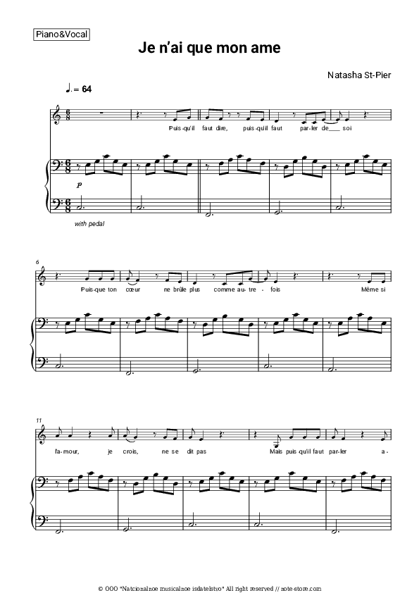 Je n’ai que mon ame - Natasha St-Pier Piano Sheet Music with the Voice part - Piano&Vocal