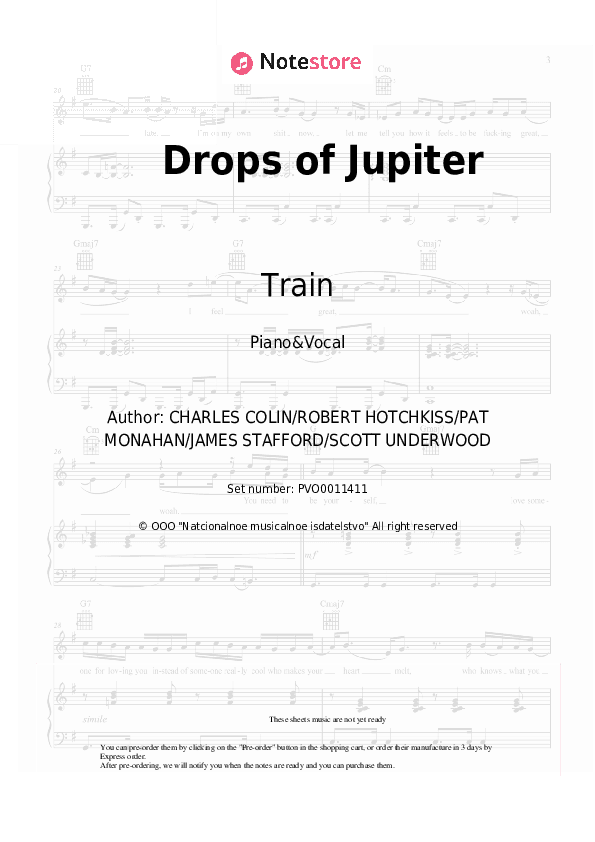 Drops of Jupiter - Train Piano Sheet Music with the Voice part - Piano&Vocal