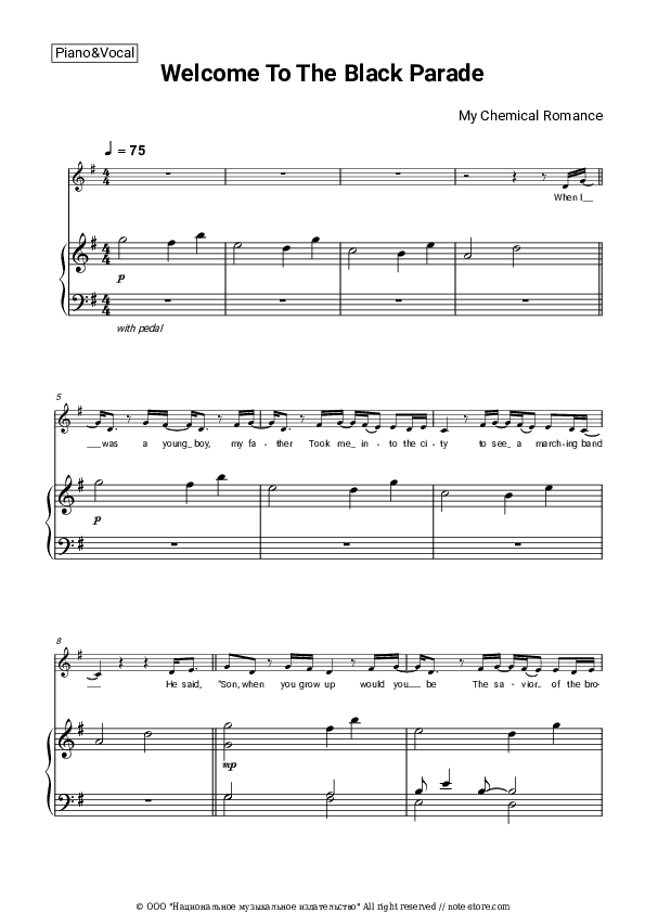 Welcome To The Black Parade - My Chemical Romance Piano Sheet Music with the Voice part - Piano&Vocal