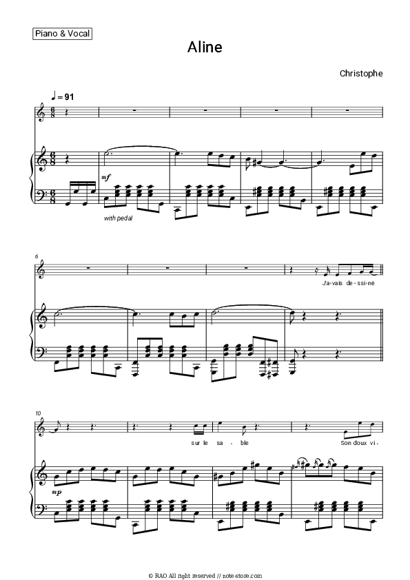 Aline - Christophe Piano Sheet Music with the Voice part - Piano&Vocal