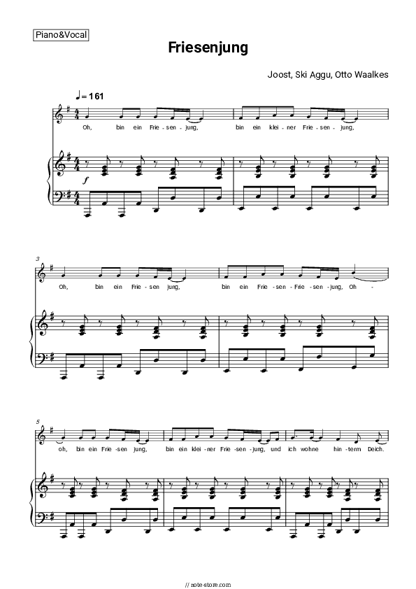 Friesenjung - Ski Aggu, Joost, Otto Waalkes Piano Sheet Music with the Voice part - Piano&Vocal