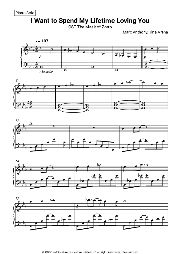 I Want to Spend My Lifetime Loving You (OST The Mask of Zorro) - Marc Anthony, Tina Arena Piano Sheet Music - Piano.Solo