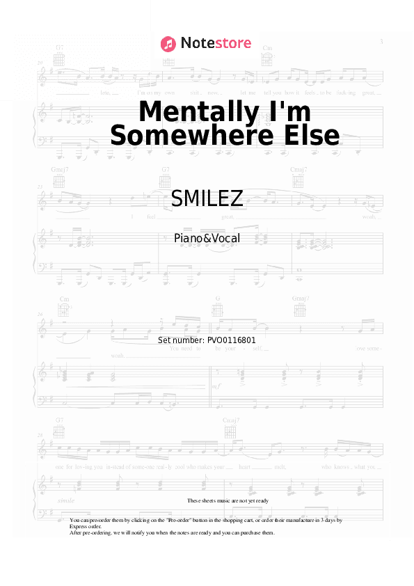 Mentally I'm Somewhere Else - SMILEZ Piano Sheet Music with the Voice part - Piano&Vocal
