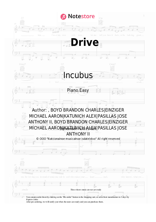 Drive - Incubus Piano Sheet Music Easy - Piano.Easy