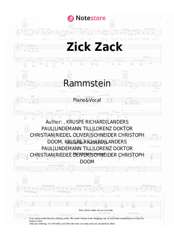 Zick Zack - Rammstein Piano Sheet Music with the Voice part - Piano&Vocal