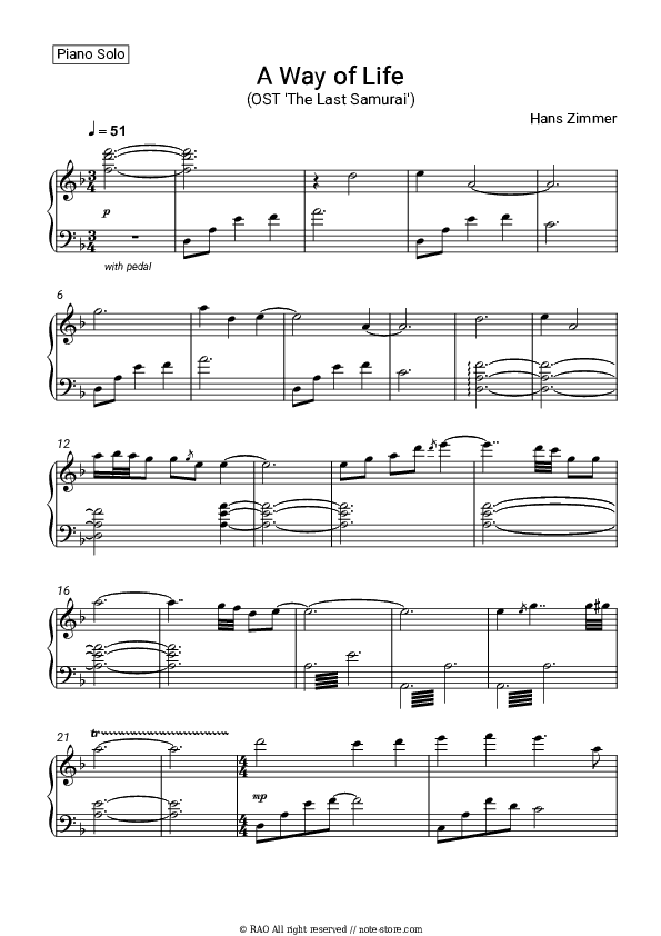 A Way of Life (OST 'The Last Samurai') - Hans Zimmer Piano Sheet Music - Piano.Solo