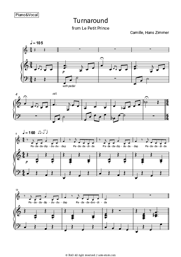 Turnaround (OST ‘The Little Prince’) - Hans Zimmer, Camille Piano Sheet Music with the Voice part - Piano&Vocal