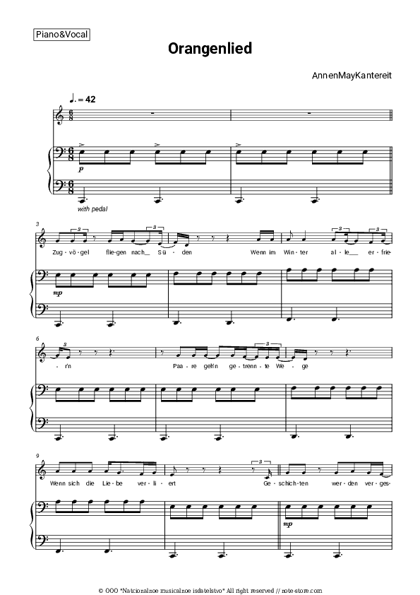 Orangenlied - AnnenMayKantereit Piano Sheet Music with the Voice part - Piano&Vocal