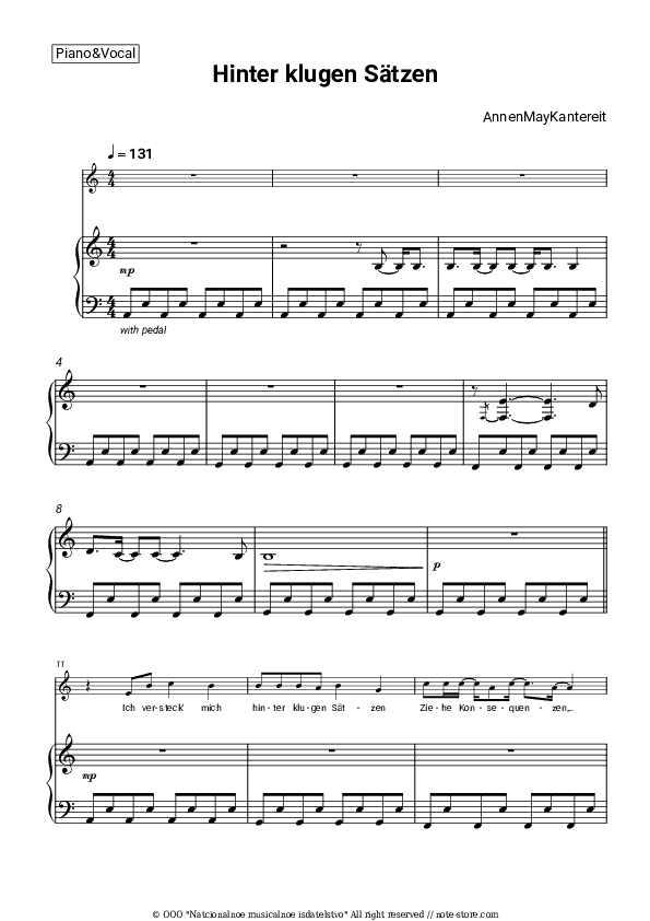 Hinter klugen Sätzen - AnnenMayKantereit Piano Sheet Music with the Voice part - Piano&Vocal