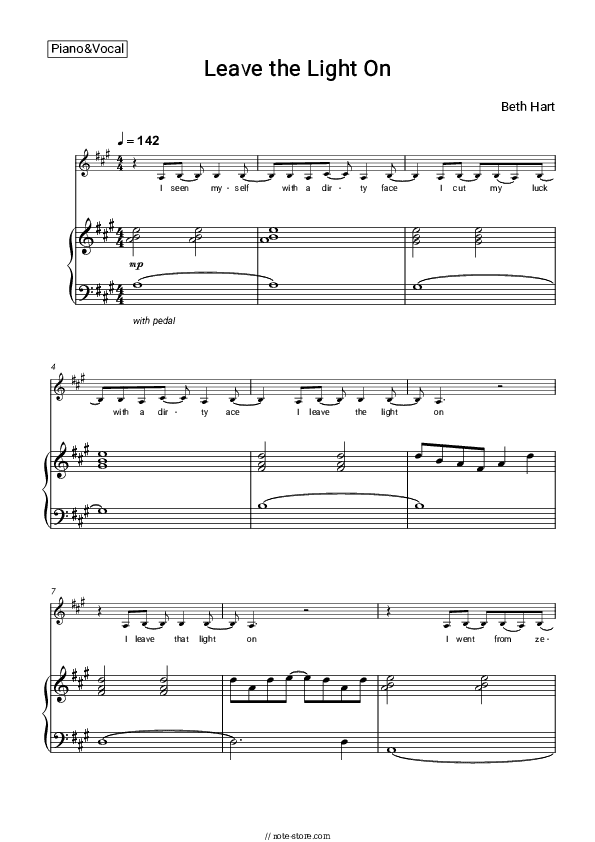 Leave the Light On - Beth Hart Piano Sheet Music with the Voice part - Piano&Vocal