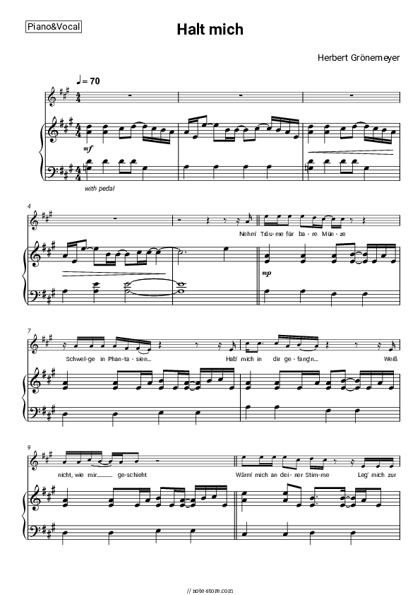 Halt mich - Herbert Grönemeyer Piano Sheet Music with the Voice part - Piano&Vocal