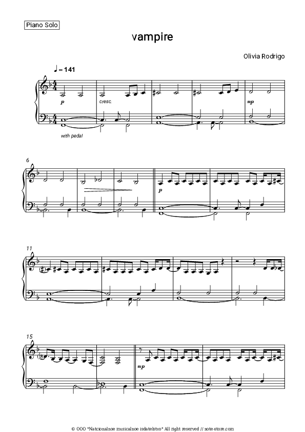 vampire - Olivia Rodrigo Piano Sheet Music - Piano.Solo