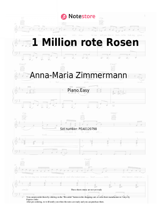 1 Million rote Rosen - Anna-Maria Zimmermann Piano Sheet Music Easy - Piano.Easy