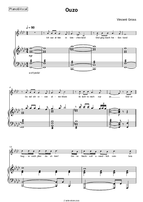 Ouzo - Vincent Gross Piano Sheet Music with the Voice part - Piano&Vocal