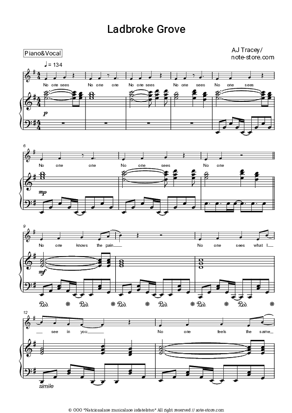 Ladbroke Grove - AJ Tracey Piano Sheet Music with the Voice part - Piano&Vocal