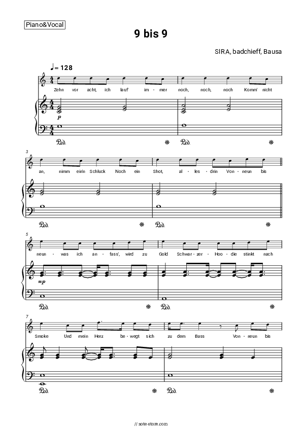 9 bis 9 - SIRA, badchieff, Bausa Piano Sheet Music with the Voice part - Piano&Vocal