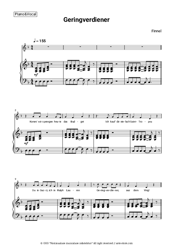 Geringverdiener - Finnel Piano Sheet Music with the Voice part - Piano&Vocal