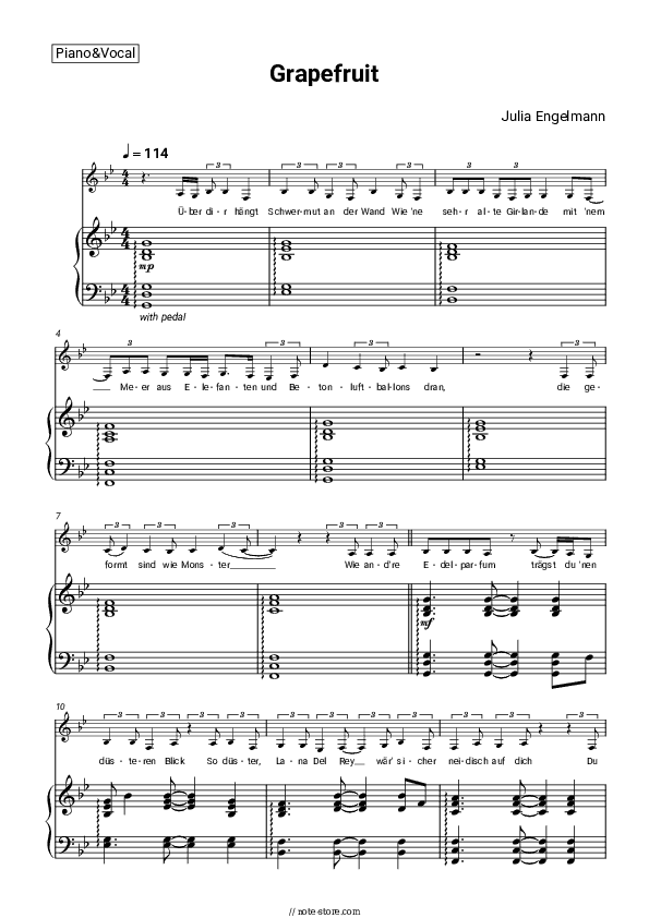 Grapefruit - Julia Engelmann Piano Sheet Music with the Voice part - Piano&Vocal