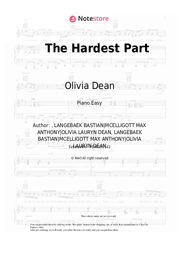 The Hardest Part - Olivia Dean Piano Sheet Music Easy - Piano.Easy