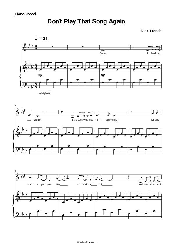 Don't Play That Song Again - Nicki French Piano Sheet Music with the Voice part - Piano&Vocal