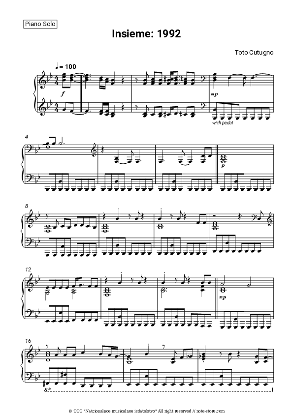 Insieme: 1992 - Toto Cutugno Piano Sheet Music - Piano.Solo