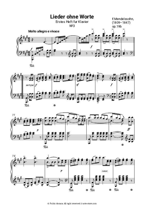 Lieder ohne Worte Op.19b No.3. Molto allegro e vivace - Felix Mendelssohn Piano Sheet Music - Piano.Solo