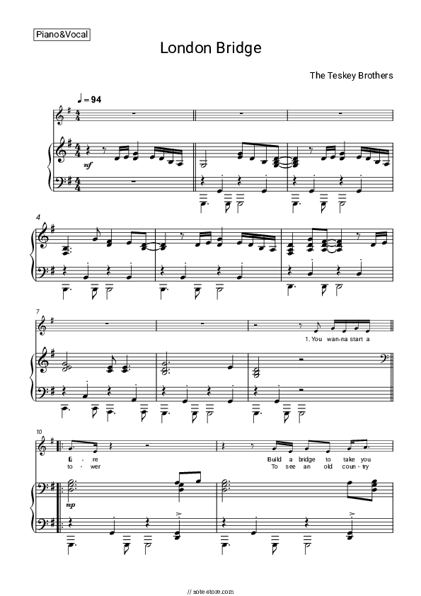 London Bridge - The Teskey Brothers Piano Sheet Music with the Voice part - Piano&Vocal