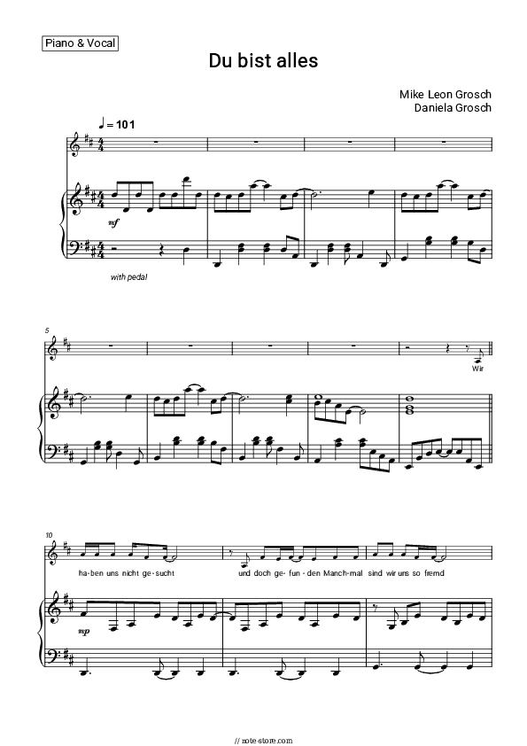 Du bist alles - Mike Leon Grosch, Daniela Grosch Piano Sheet Music with the Voice part - Piano&Vocal