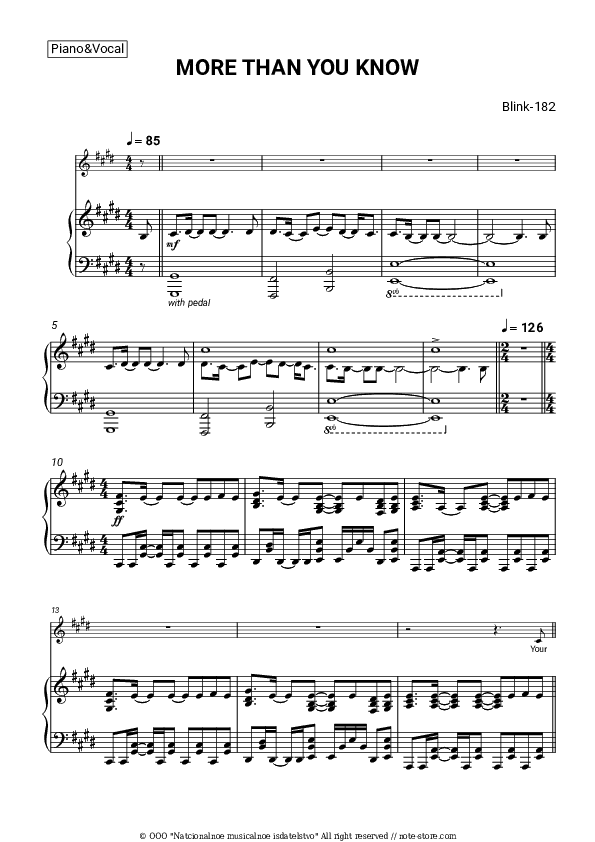 MORE THAN YOU KNOW - Blink-182 Piano Sheet Music with the Voice part - Piano&Vocal