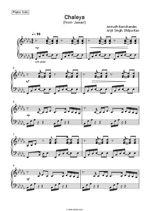 Chaleya (From 'Jawan') - Anirudh Ravichander, Arijit Singh, Shilpa Rao Piano Sheet Music - Piano.Solo