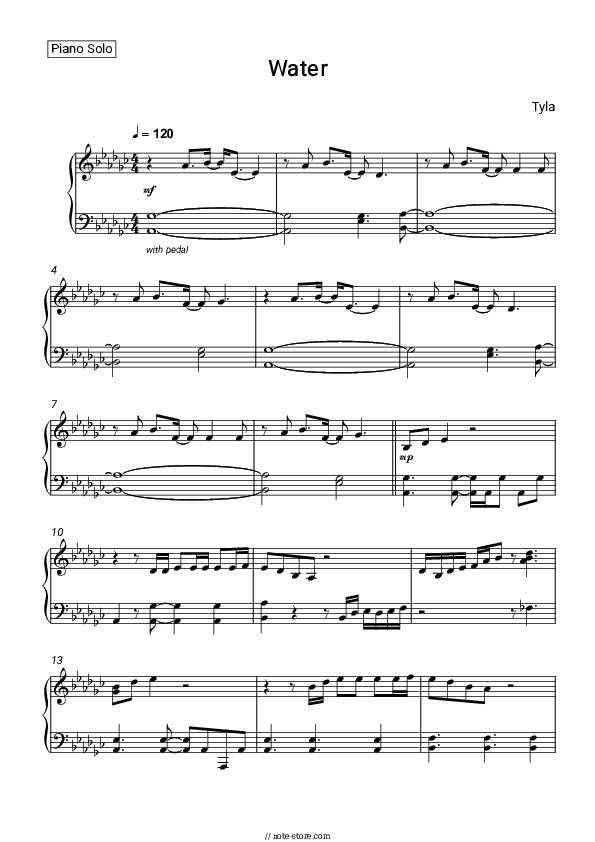 Water - Tyla Piano Sheet Music - Piano.Solo