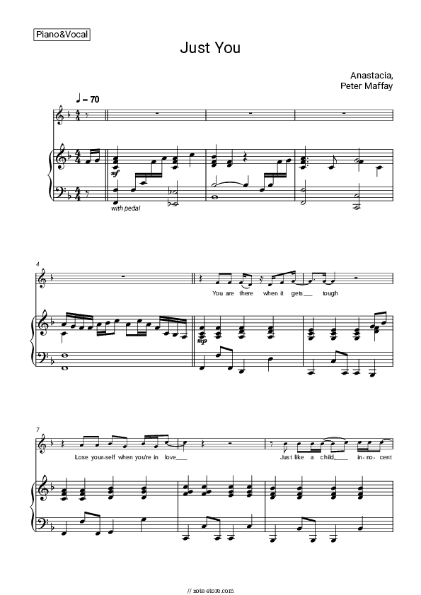 Just You - Anastacia, Peter Maffay Piano Sheet Music with the Voice part - Piano&Vocal