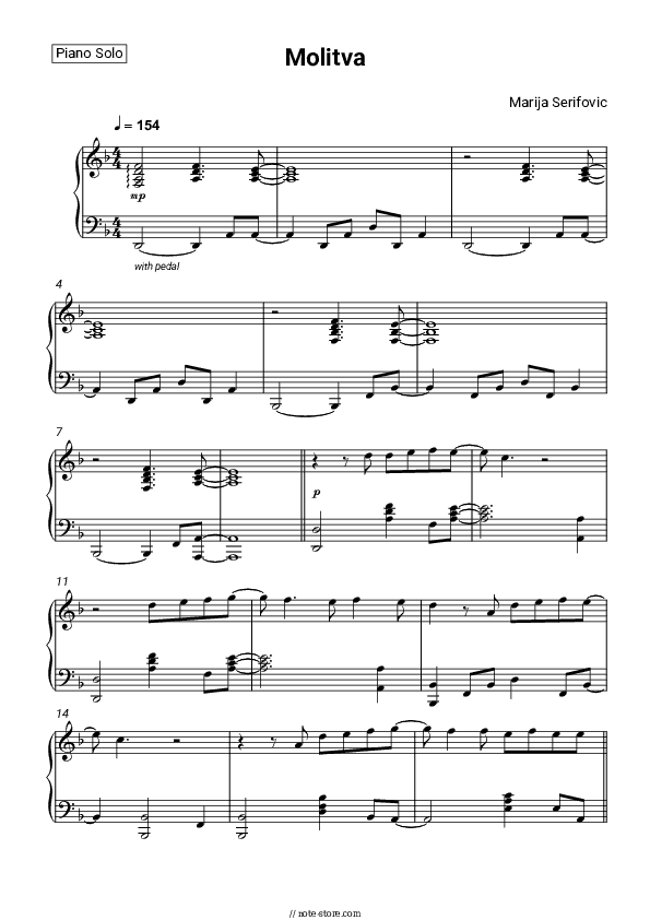 Molitva - Marija Serifovic Piano Sheet Music - Piano.Solo