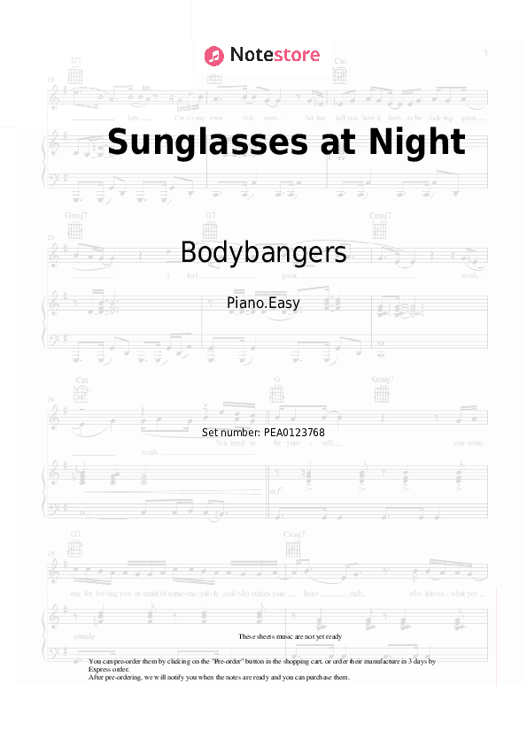 Sunglasses at Night - Bodybangers Piano Sheet Music Easy - Piano.Easy